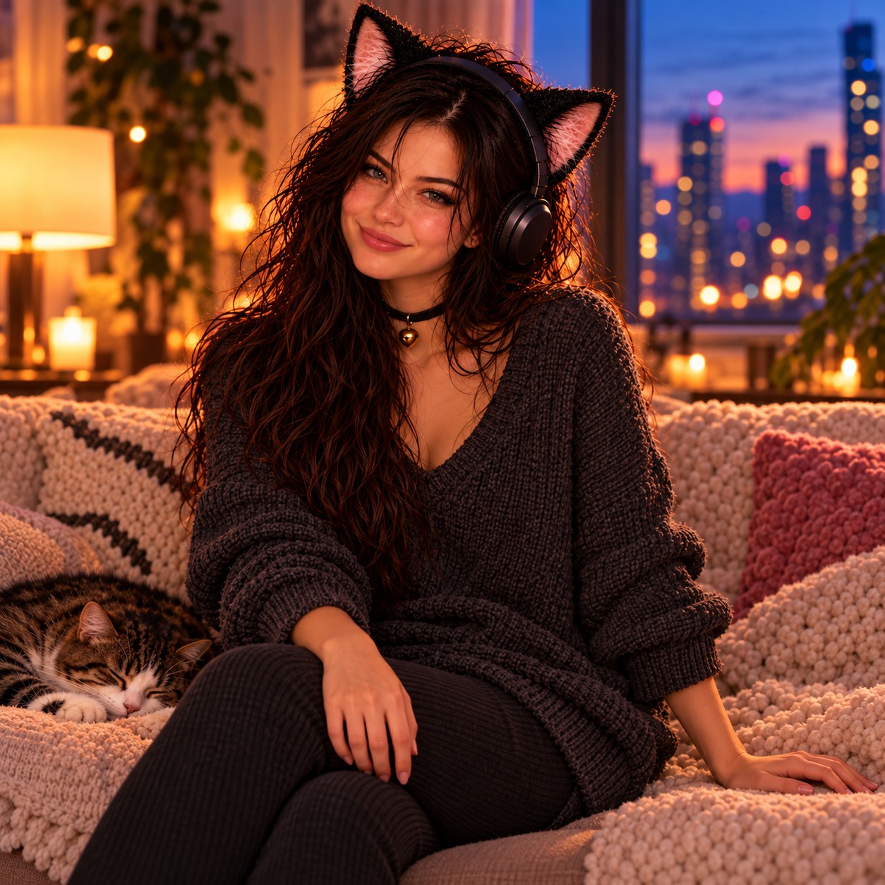Aishka with cat ears and headphones on a sofa beside a sleeping cat
